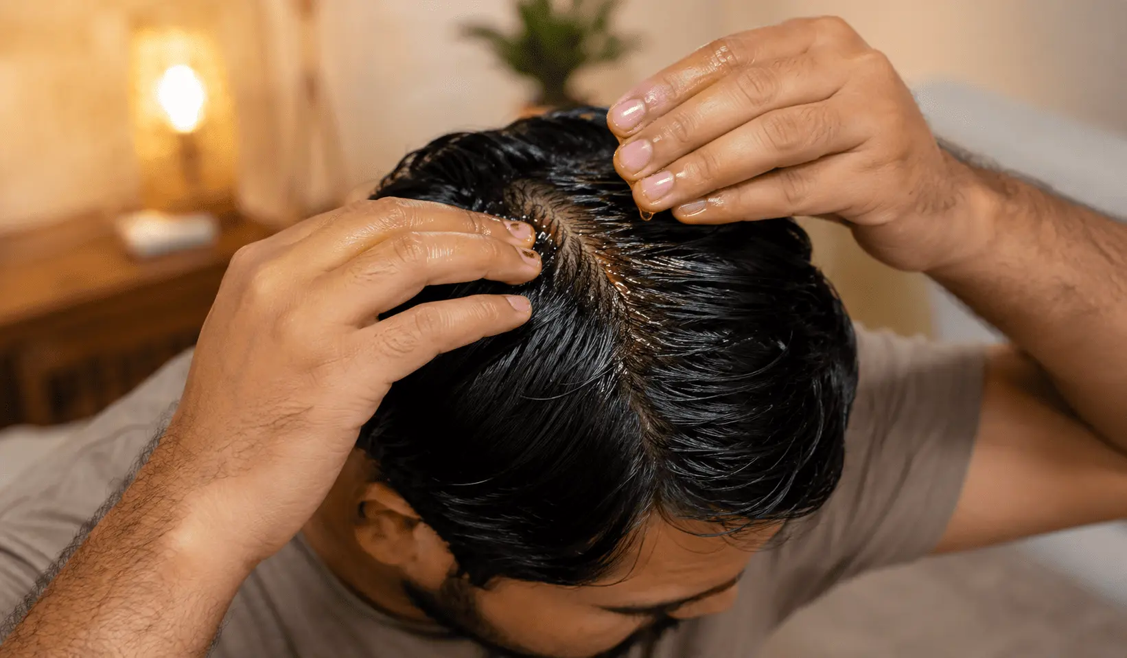 Indian man applying Adivasi Originals hair oil directly onto scalp with fingertip massage technique